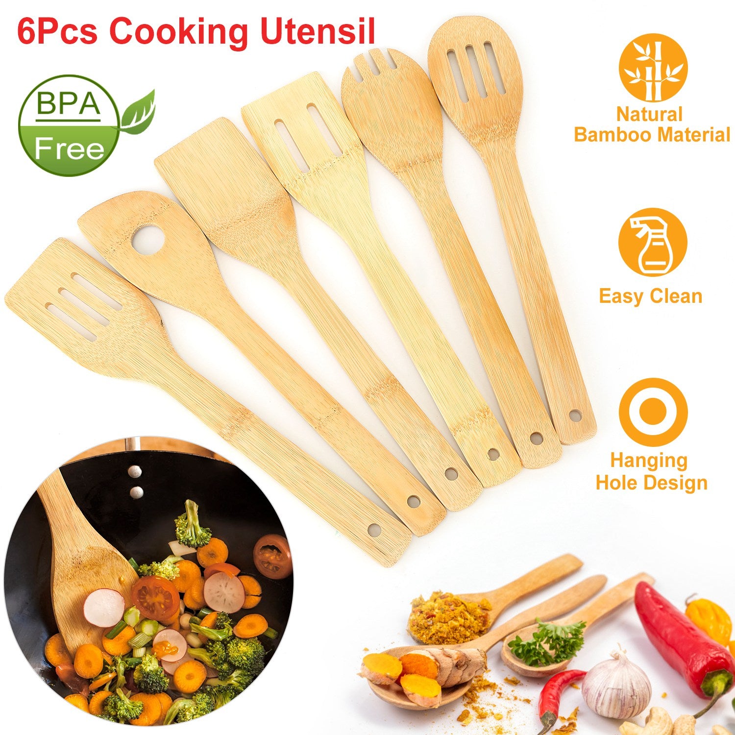 6 Piece Bamboo Wooden Spoon Set